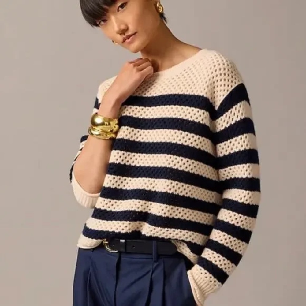 NWT J. Crew Collection cashmere pointelle roll-cuff sweater - stripes -  medium
